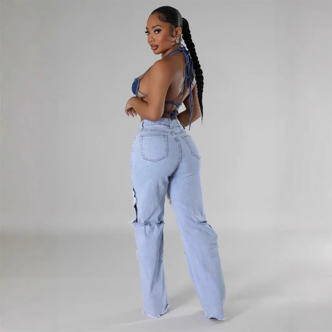 Womens Denim Pants Jeans Straight Trousers Long Pants Hole High Waist Y2k Streetwear Pockets Mom Jeans Spring Hollow Out 250314