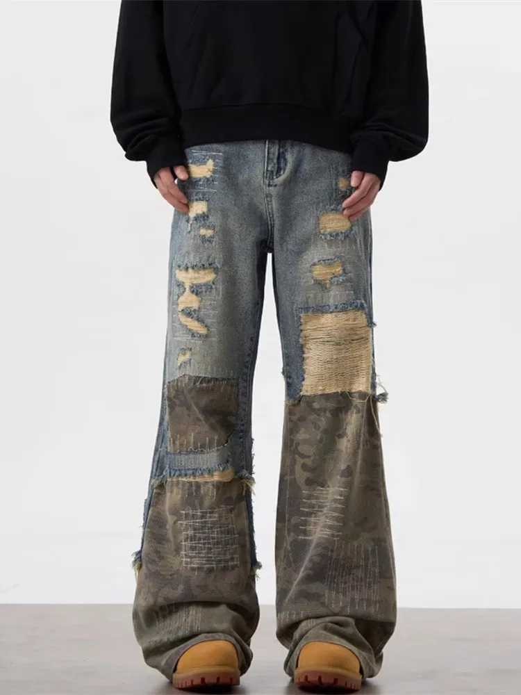 2024 Garbage Y2K Street Clothing Tear Stacked Bag Jeans Mens Clothing Camouflage Patch New Rock Hip Hop Cowboy Trojan HorseT250319