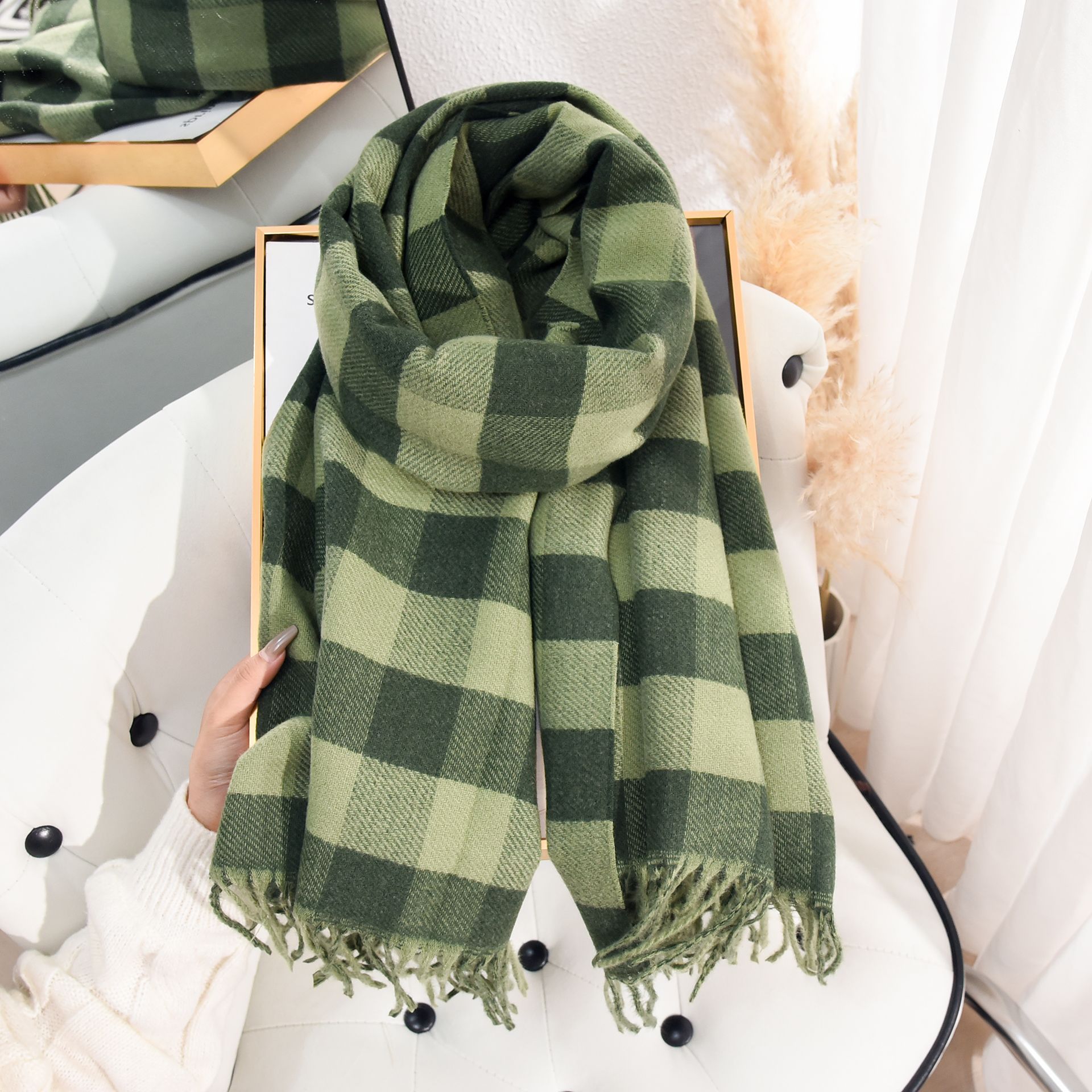 K179 Scarf autumn and winter atmosphere imitation cashmere double-sided plaid scarf Japanese and Korean women's warm outer shawl simple neck scar