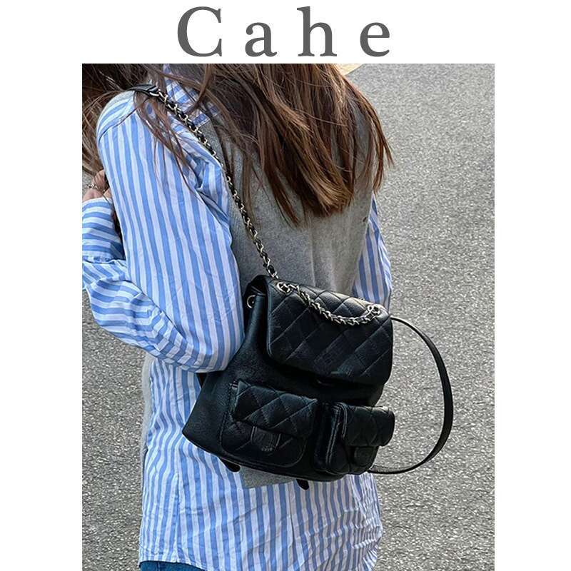 High End Leather With Dia Grid Chain Mini Backpack