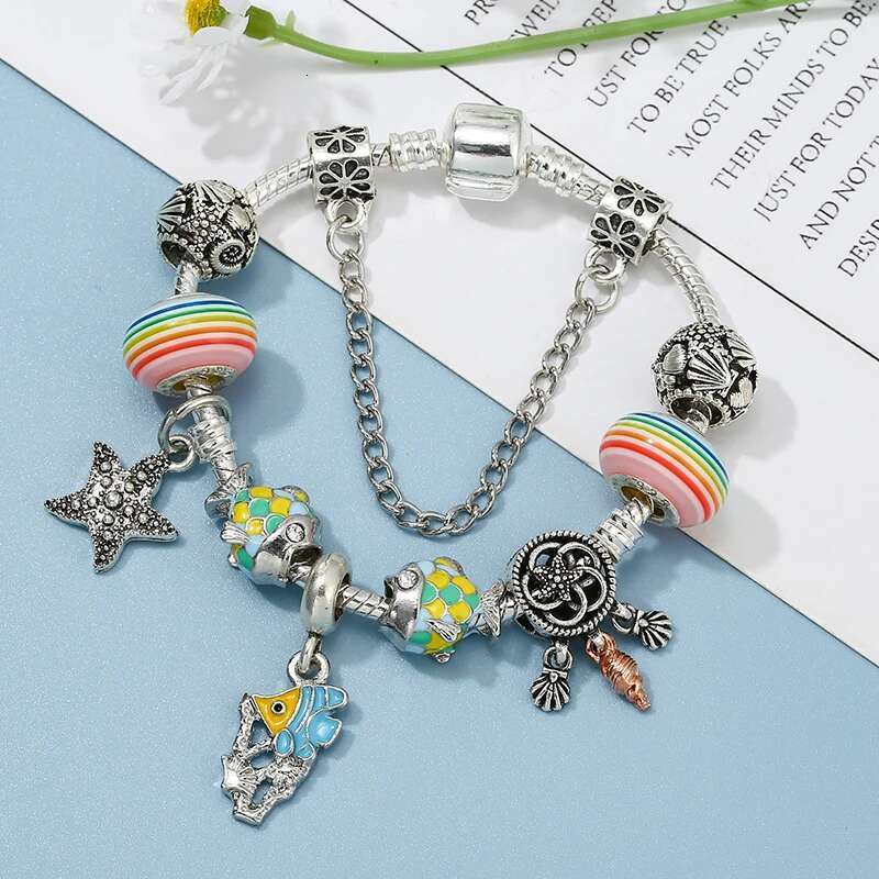 Summer Styles Starfish Fish Beads Charm Bracelets With Vintage Silver Color Bracelet Bangles For Women Men Jewelry Dropshipping