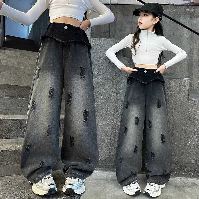 Girls fashionable brushed jeans retro tear stitched wide leg pants fashionable casual childrens straight pants for 5-14 years oldT250326