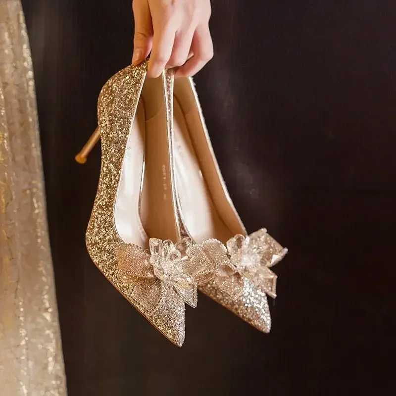 French crystal Sier High H Wens 2024 new bow solid shiny Wens shoes Wen Pointed Toe leisure pump Y250319