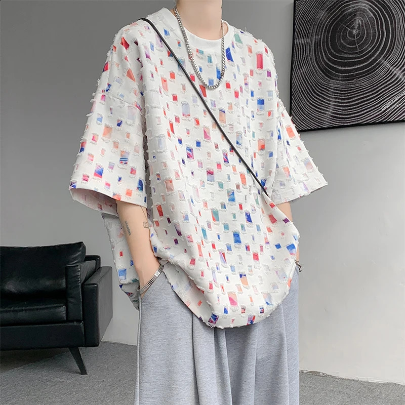 Summer cotton short sleeved Tshirt mens colorful checkered streetwear Korean loose hollow plus size 5XL 250318