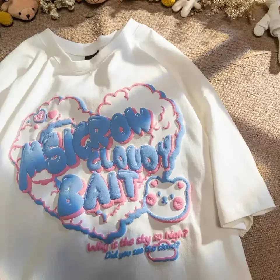 Kawaii Womens T-shirt with letter embroidery short T-shirt oversized casual retro print Y2k top graphic T-shirt Gothic styleT250320