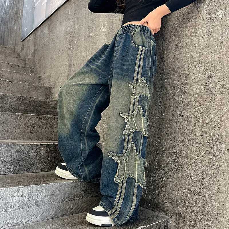 Girl retro side five point star patch design patch work jeans straight pull wide leg three person straight pants 5-14 years oldT250326