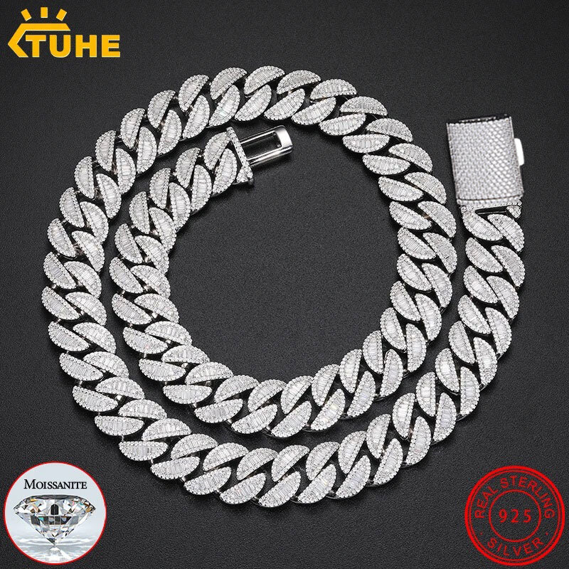 High Quality Unisex VVS1 Baguette Moissanite Cuban Chain Necklace 925 Silver For Men Hip Hop Jewelry