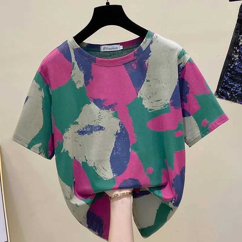 Tie Dye Printing Vintage O-Neck Pullover Short Sleeve T-Shirt Womens Blouse Shirt Korean Fashion Female Clothing Tops 2024T250319