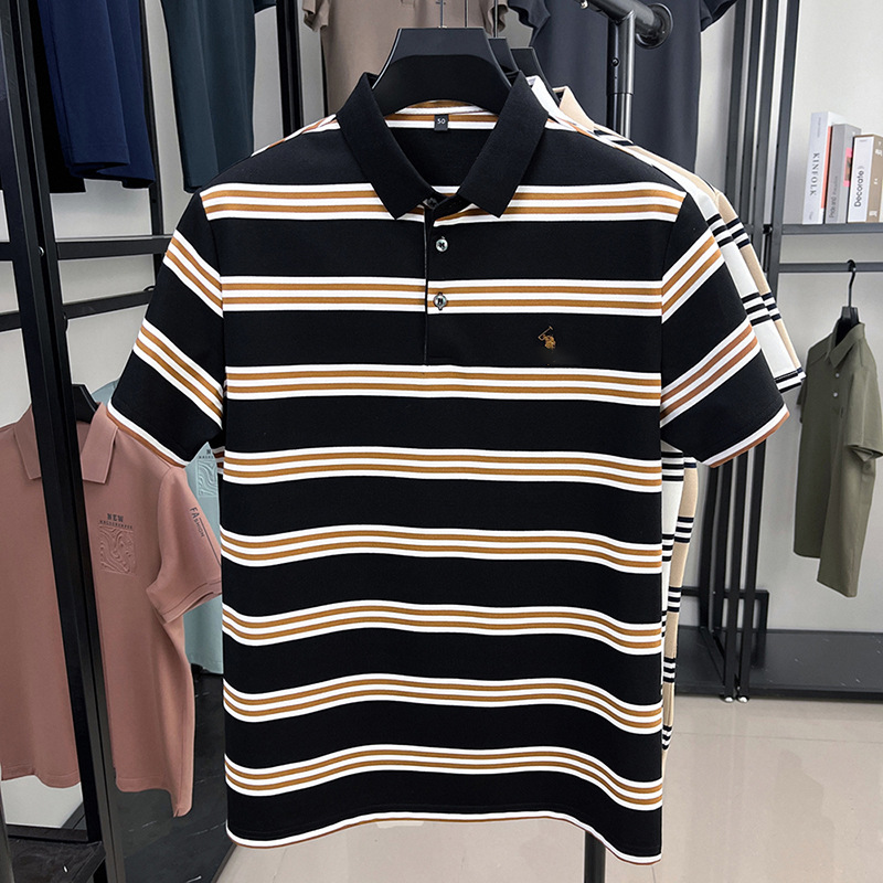 Men's Short Sleeve Embroidered Striped Polo Shirt Summer High End Brand Fashion Business Breathable Lapel T-shirt Men's Clothing