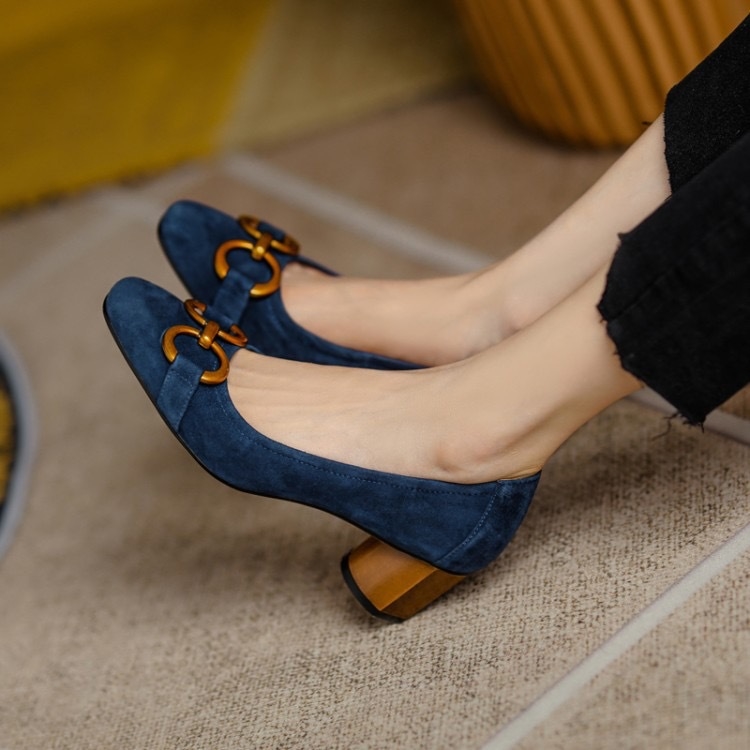 Women's blue square-toe shallow-mouth single shoes new style for spring Women's French high heels with frosted metal thick heels