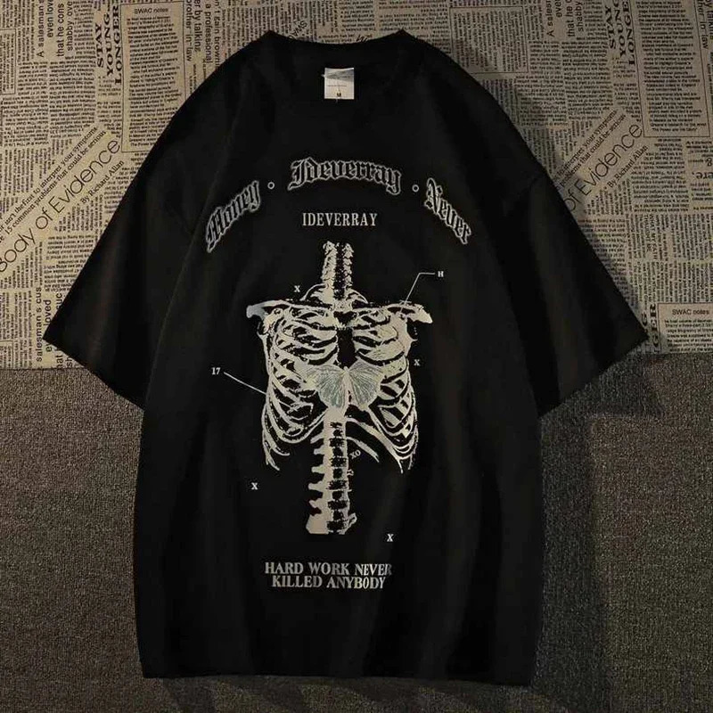 Grunge Aesthetic Women T Shirt Goth Skeleton Print Short Sleeve FemaleT-Shirts Dark Fashion Streetwear Graphic Tee Unisex Tops 250320