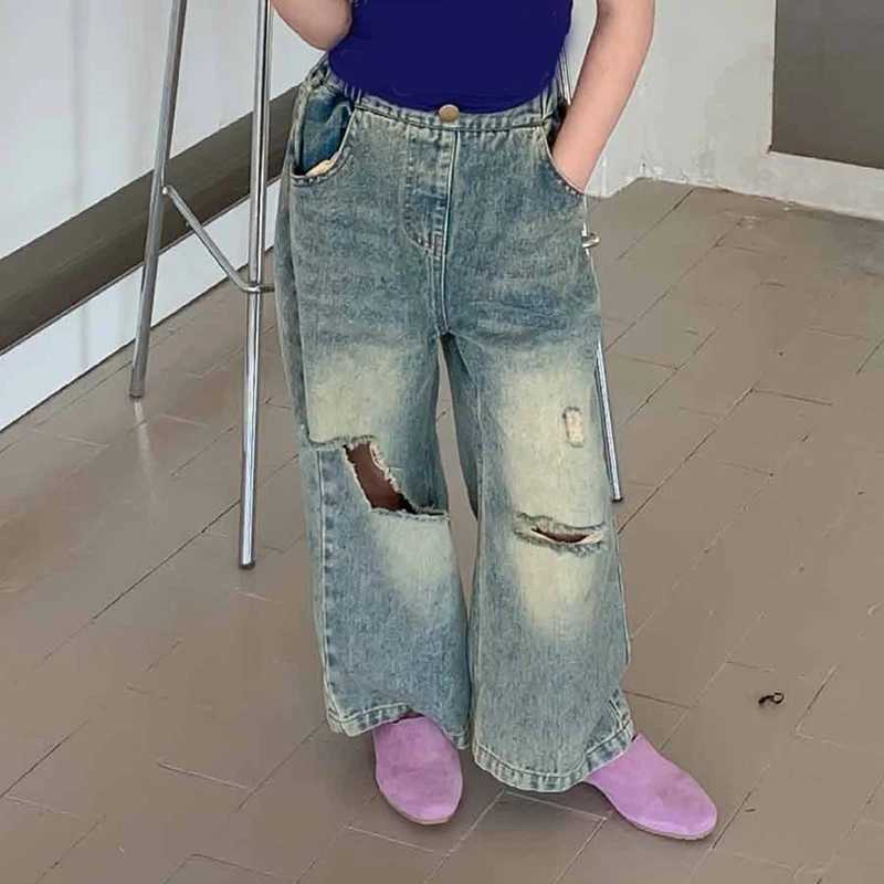 Autumn girls ripped jeans summer new styles childrens contrasting color pocket pants personalized retro wide leg pantsT2502320