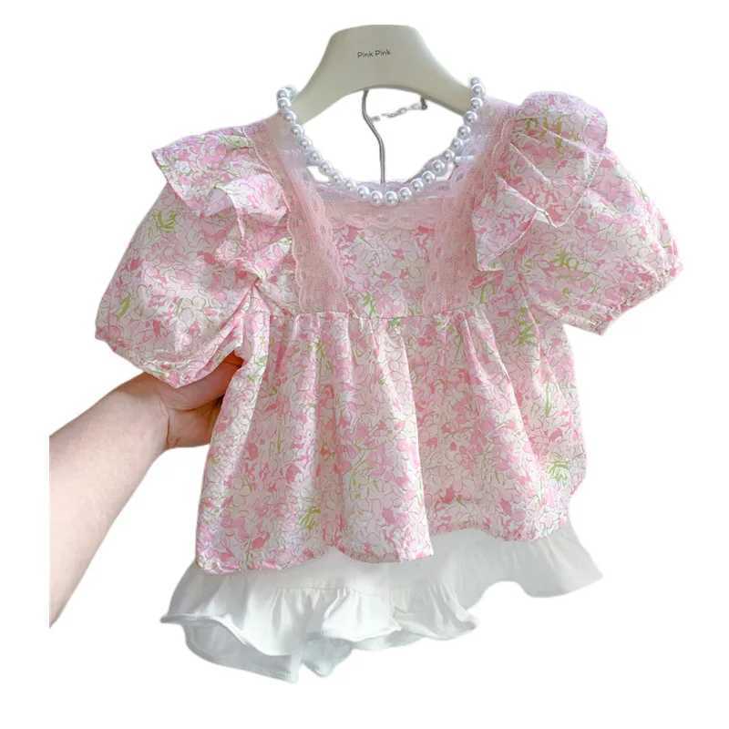 Summer 2023 3-9-year-old girl Korean short sleep top girl baby temperature sweet pink lace shirtT250320