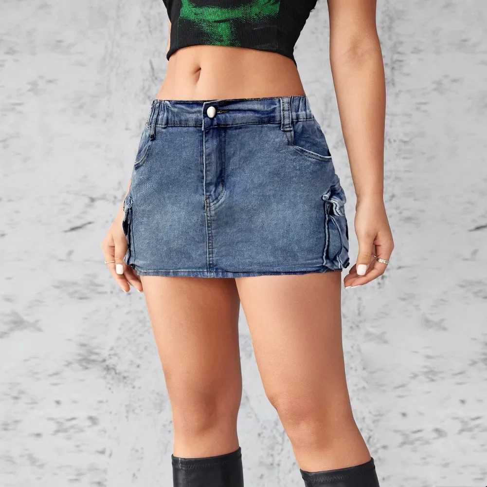 Cowboy Tight Womens Short Jeans Y2k Cargo Tight Hip Bag Ele Splicing Skiing Casual Pocket Button Streetwear Sexy Summer 2024XJ250320