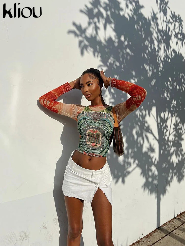 Kliou Mesh Dollar Print Classic T-Shirt Women Casual Aesthetic O-neck Long Sleeve Skinny Tops Hipster Female Gorgeous Attirewear 250320