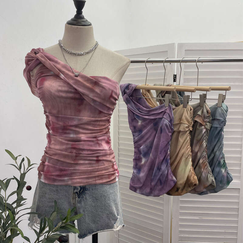 Oversized T Shirt Designer Top T Shirt Top Clothes Woman Clothes Mesh Printed Diagonal Shoulder Tank with Slim Fit and Pleated Temperament Short Top 8
