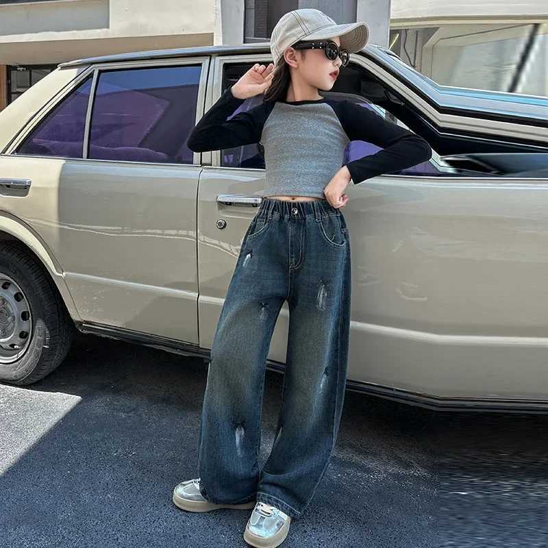 Girl Bow Graffiti Wide Leg Jeans Teen Fashion Casual Edition Straight Trend Wide Leg Pants 5-15 Years OldT250326