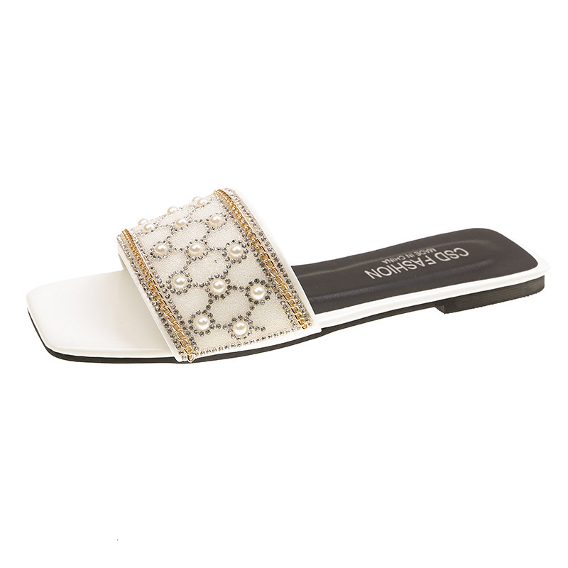 2025 New Korean Pearl Decoration Flat Slippers Designer Square Head Single Foot Women's Sandals Beach Sexy Leisure Sports Pearl Slippers