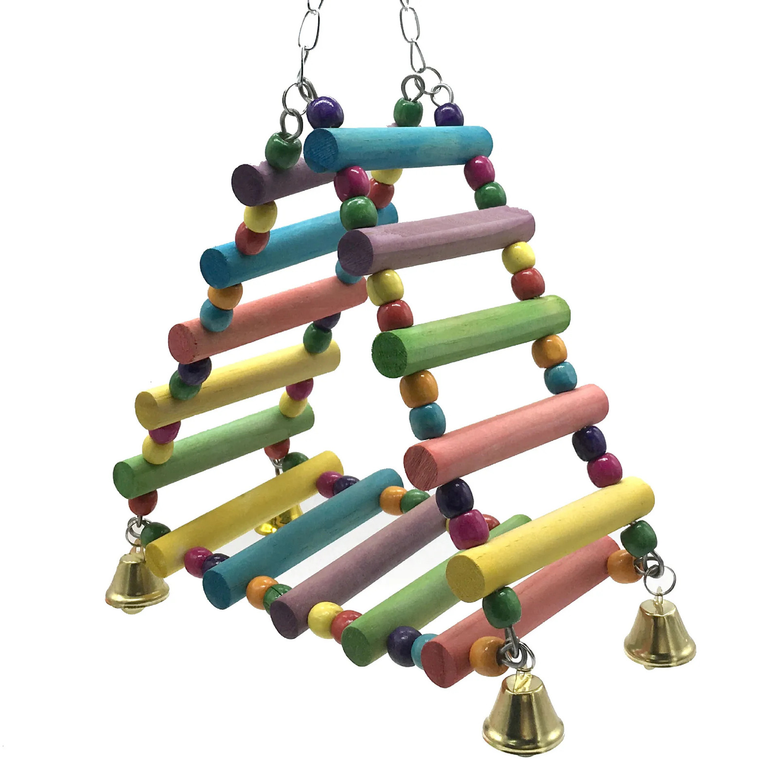 Wooden parrot hanging rainbow pendant training ladder toy with bell birdcage pet accessories suitable for large and small birds 250320