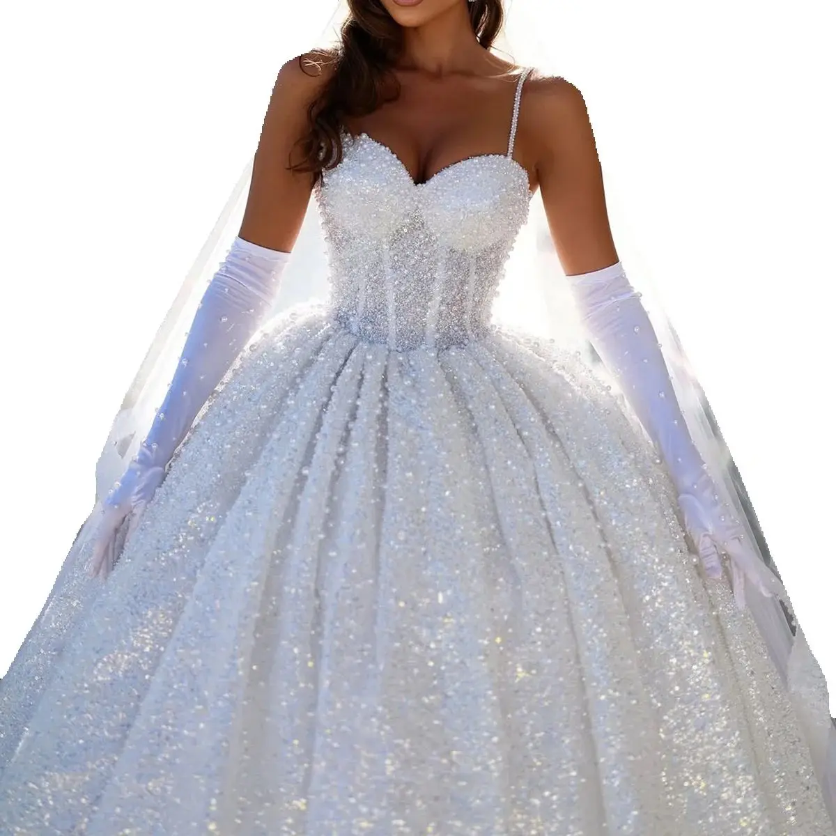 Gorgeous Pearls Wedding Dress Sequins Bridal Ball Gowns Spaghetti Straps Beaded Custom Made Sleeveless Princess Bride Dresses Vestido De Novia Plus Si