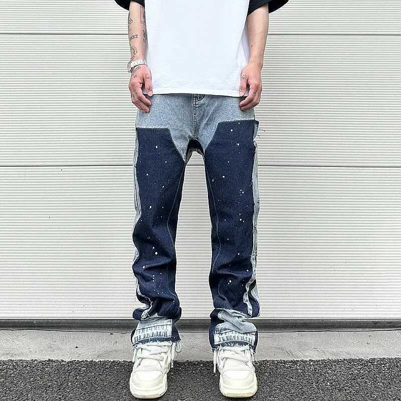 Stitching Ink Splash Jeans Mens Couple European and American Trend Brand Friend Street American Fashion Micro Flash PantsT250319