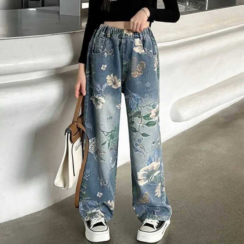 New Fashion Girls Jeans Childrens Denim Wide Leg Pants Flower Pattern Korean Youth Casual Trouser Girls Clothing Hot SellingT250326