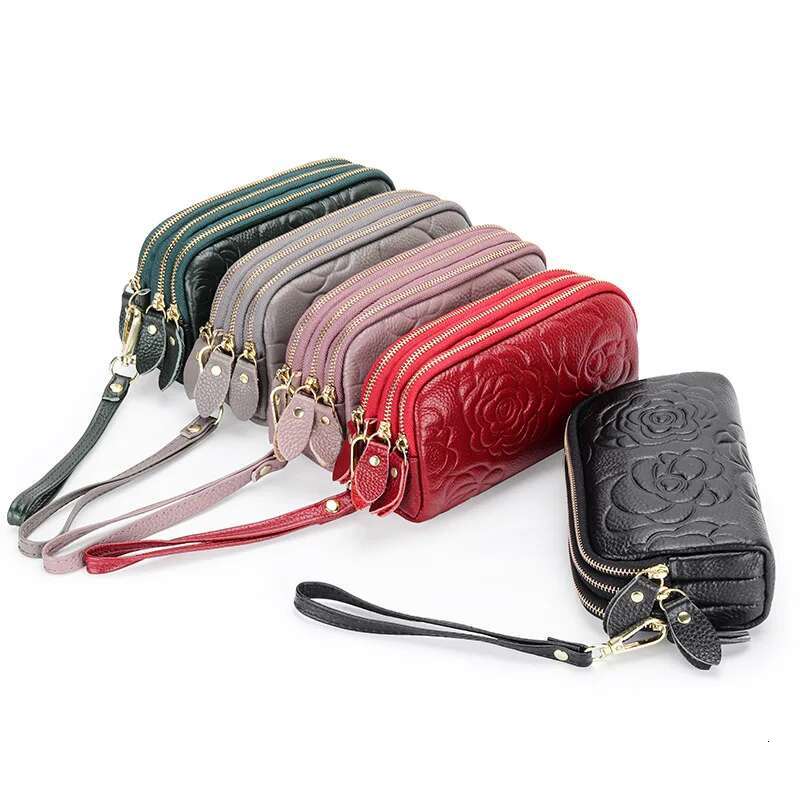 Ladies Genuine Leather Clutch Purses Long Women Wallet Multilayer Zipper Wrist Female Coin Purse Wers Mobile Phone Bag