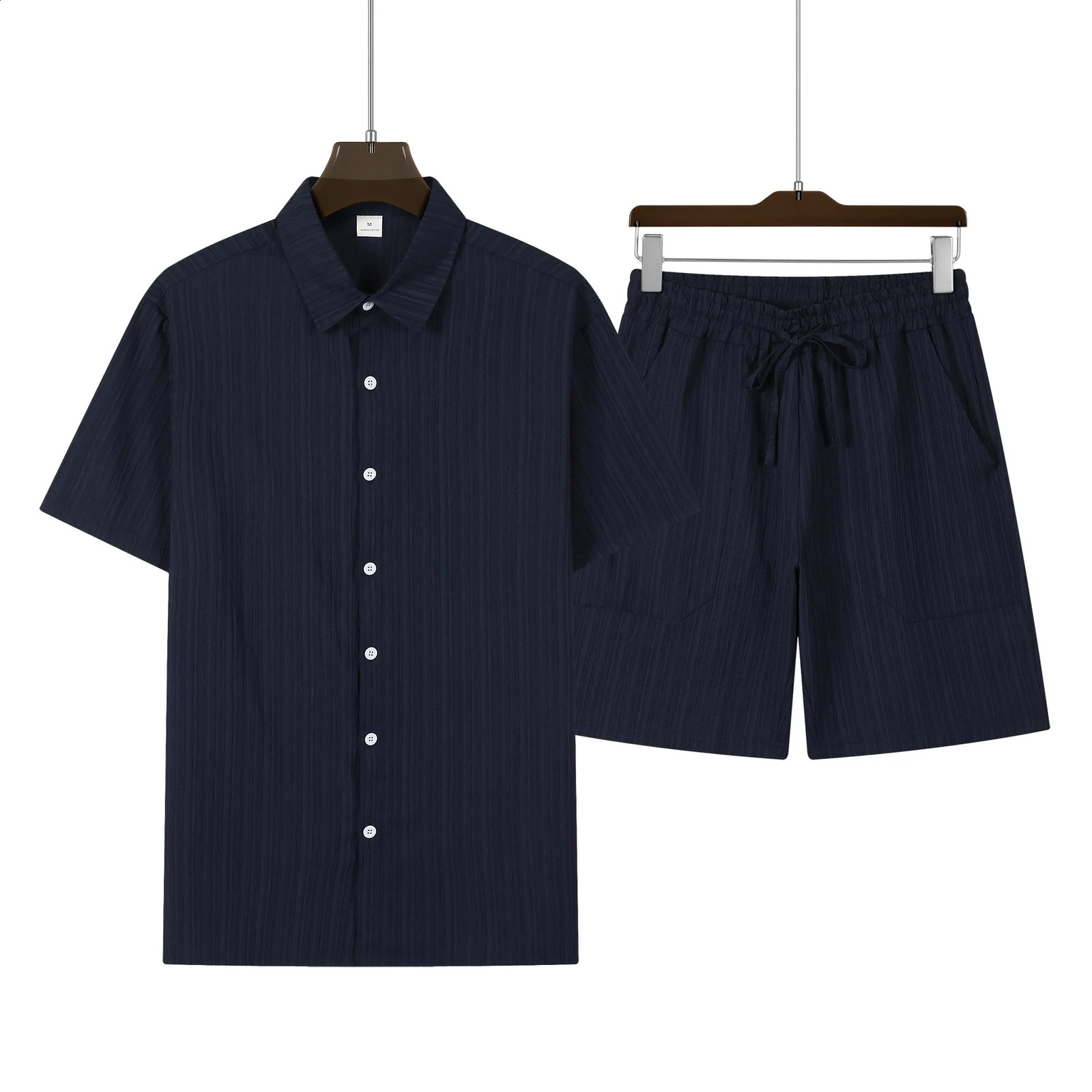 Mens shirt suit solid color striped short-sleeved casual shirt oversized beach shorts summer street wear 250319