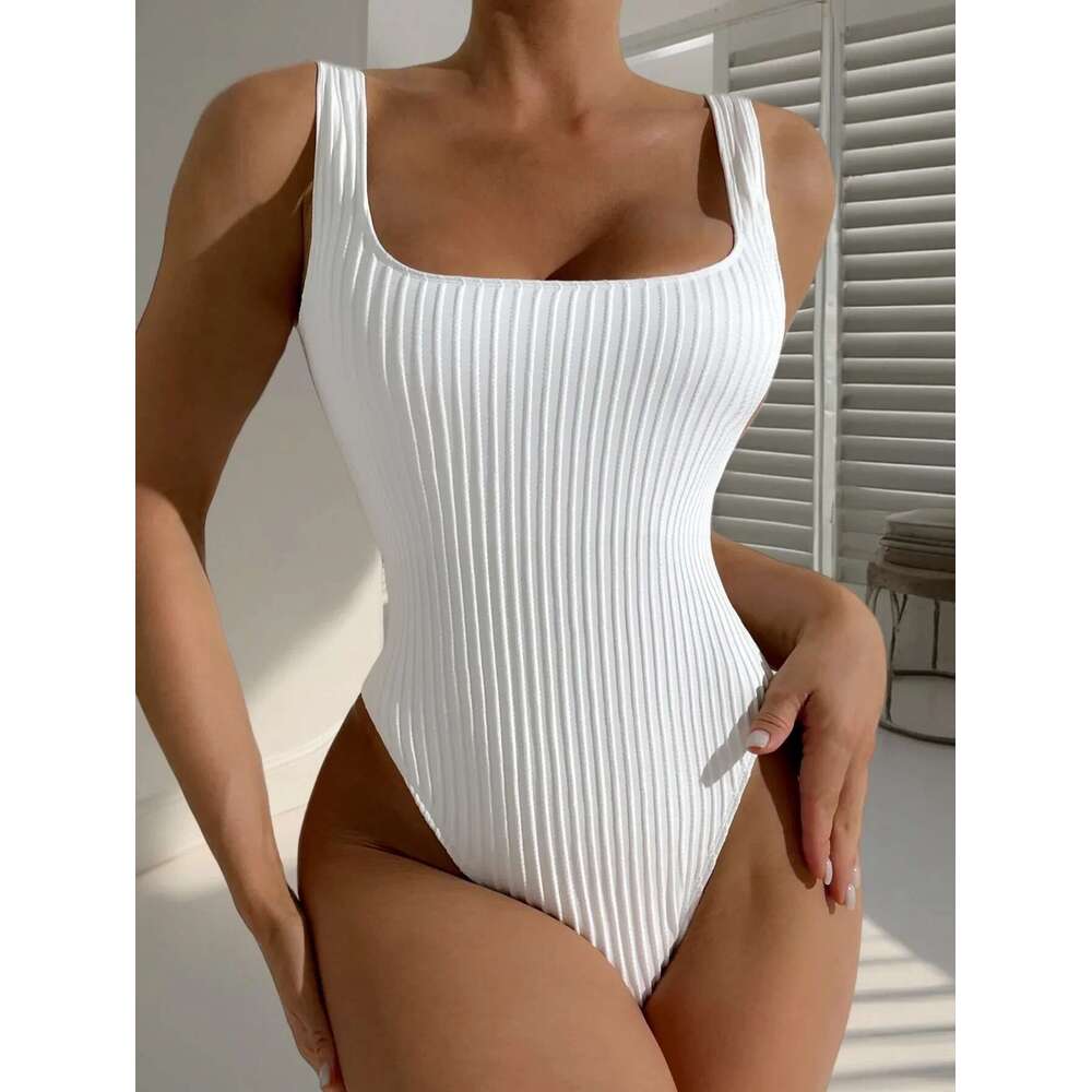 Modest Women Textured Ribbed One Piece Swimsuit Solid Colors Summer Beach Vacation Monokini High Cut Swimwear Padded Push Up 2025 Scoop Neck Stylish B