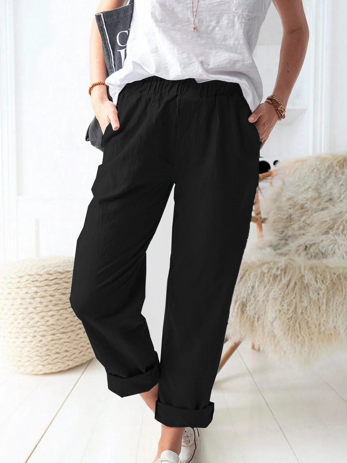 womens cotton and linen pants solid color casual elastic high waist straight trousers for women 250320