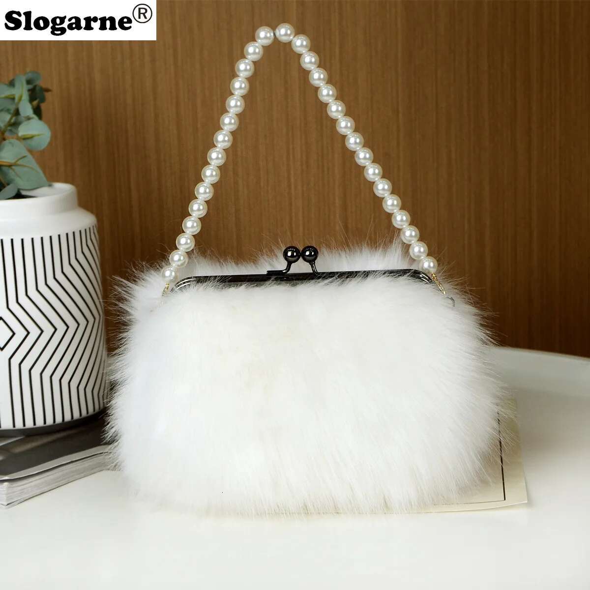 Women's Winter Faux Top Candy Color Pearl Handle Ladies Fox Fur Handbag Female Small Fluffy Clutch Evening Bags