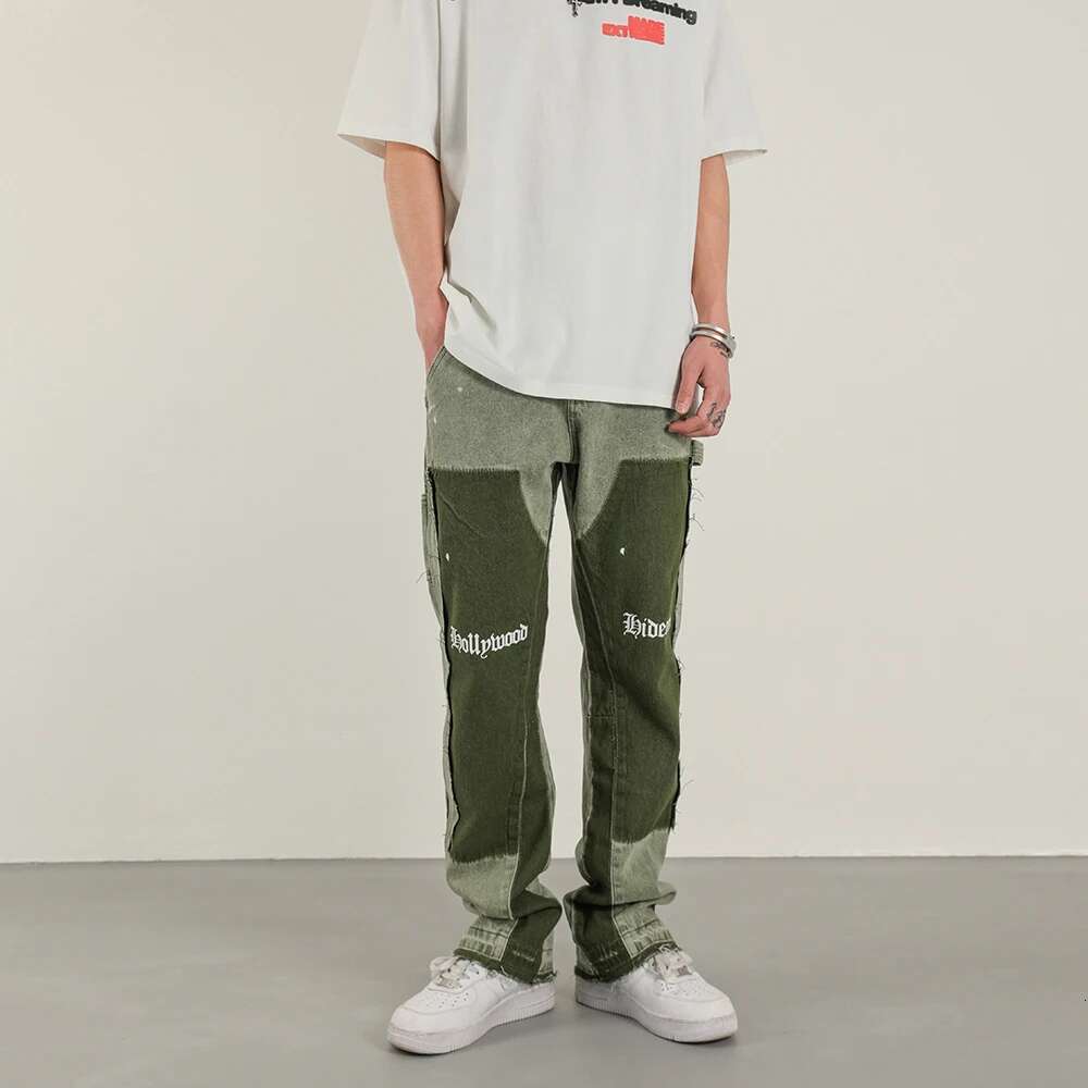 Designer Jeans Vintage Green Distressed Patch Men's Horn Jeans Hip-hop Ink Block Color Street Wear Casual Slim Fit Wide Jeans Y2k Green Jeans