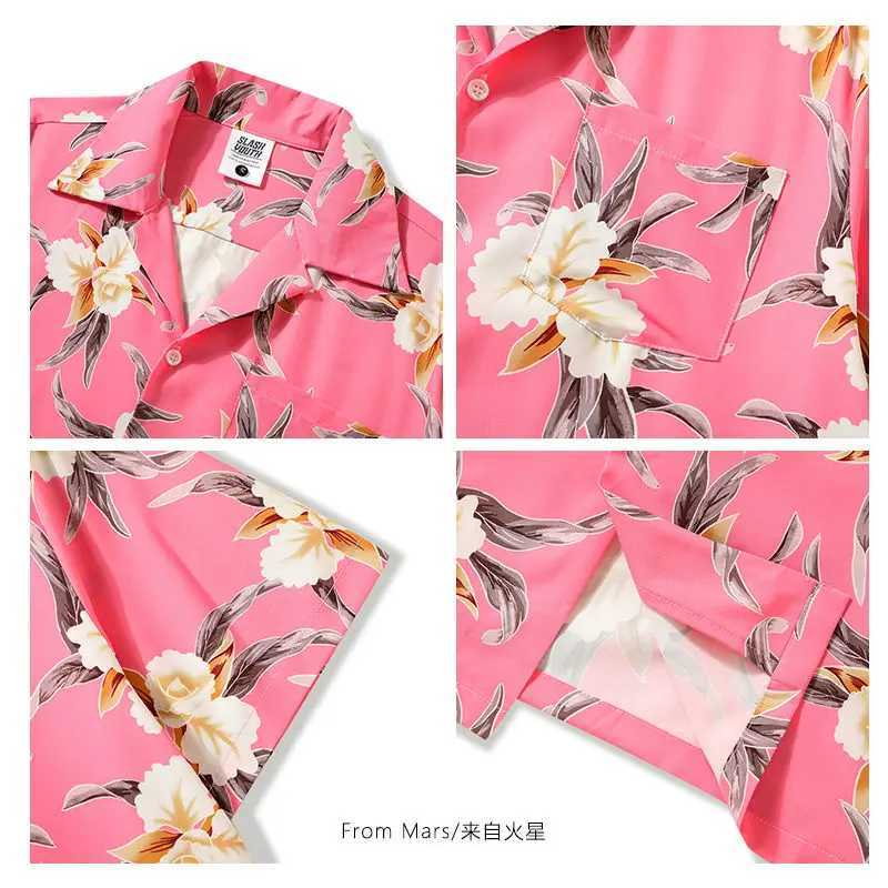 Vintage Cuban mens collar shirt Hawaiian fashion beach shirt summer chiffon short sleeved top aesthetic pink flower Y2K Camissa M250320