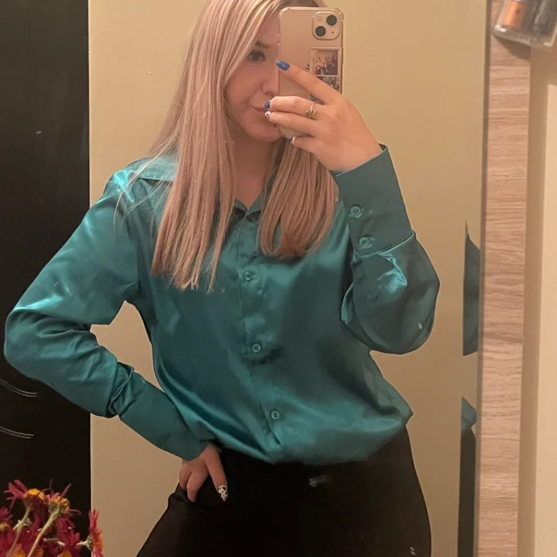 Satin Shirt Womens Polo Collar Office Lady blouse Vintage Blue Green Silk Shirt Loose Button Up Down Shirts Black Fashion Tops 250320