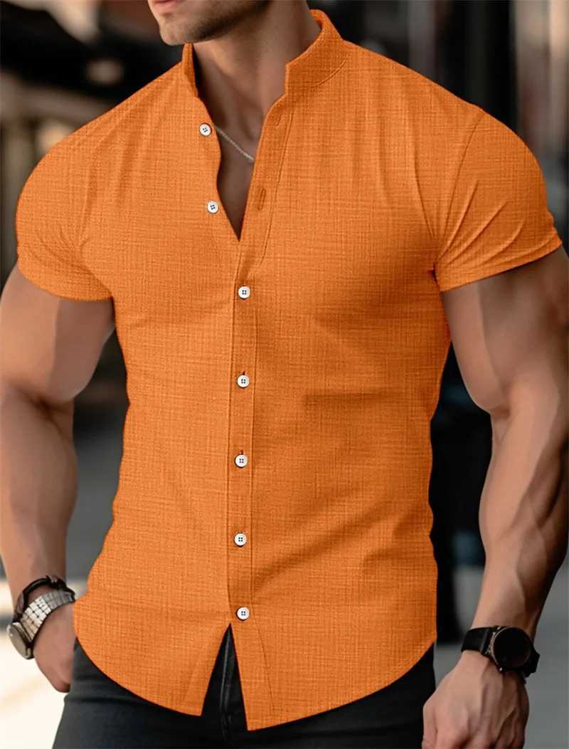Linen mens short sleeved shirt in blue white black and pink lightweight and breathable Hawaiian seaside mens fashion top plus size M250320