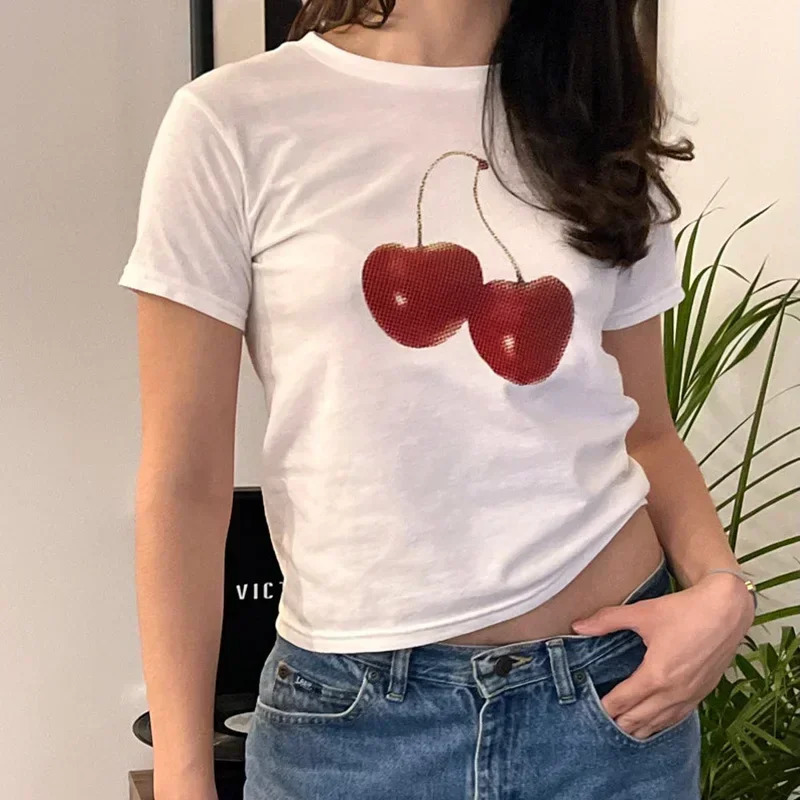 Aesthetic Summer Tee Streetwear Goth Harajuku Letter Graphic Cherry Print T-shirt Vintage Crop Tops Women 2000s Y2K Clothes 250320
