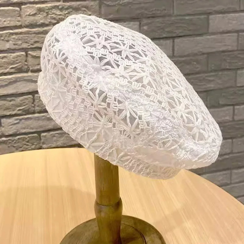 Multi Colored Summer Crochet Beret for Women Slouchy Breathable Lace Beret Hat Cutout Floral Beanie Cap Head Covering Cotton Hat 250320
