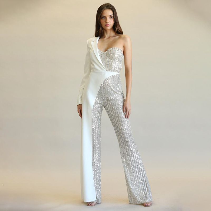 Women's Clothing New Women's Sier Spliced Sequined One Shoulder Fashion Sequined Jumpsuit