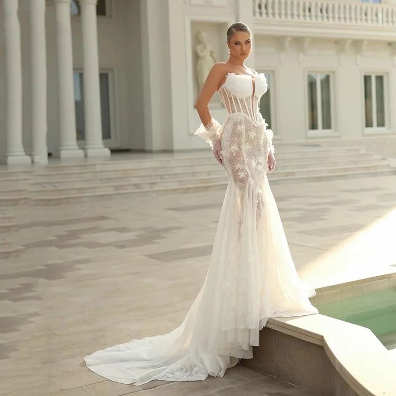 Classic Mermaid Wedding Dress Strapless Sleeveless Bridal Gowns Sequins Appliques Sweep Train Dresses Custom Made vestidos de novia