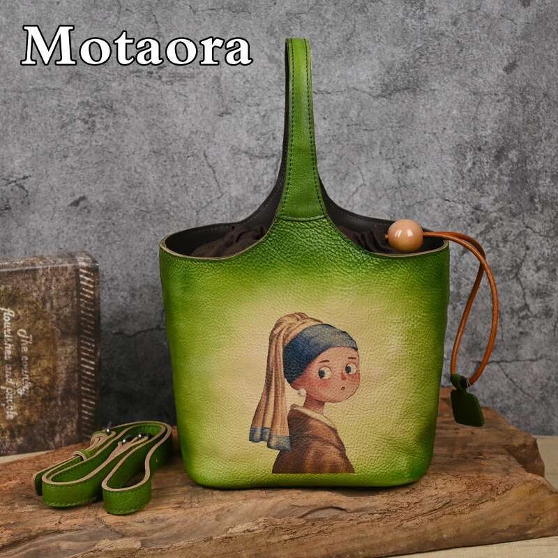 MOTAORA 2025 New Designer Women's Bucket Bag Vintage Cow Leather Drawstring Handbag Handmade Crossbody Purse In 3 Colors