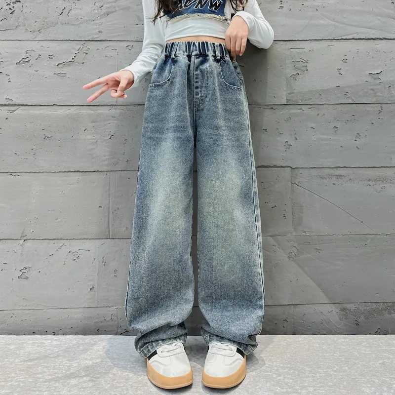 Girls Denim Wide Leg Pants Spring and Autumn Jeans 2024 New Trendy Stylish Childrens Loose Pockets Slimming Straight leg PantsT250326
