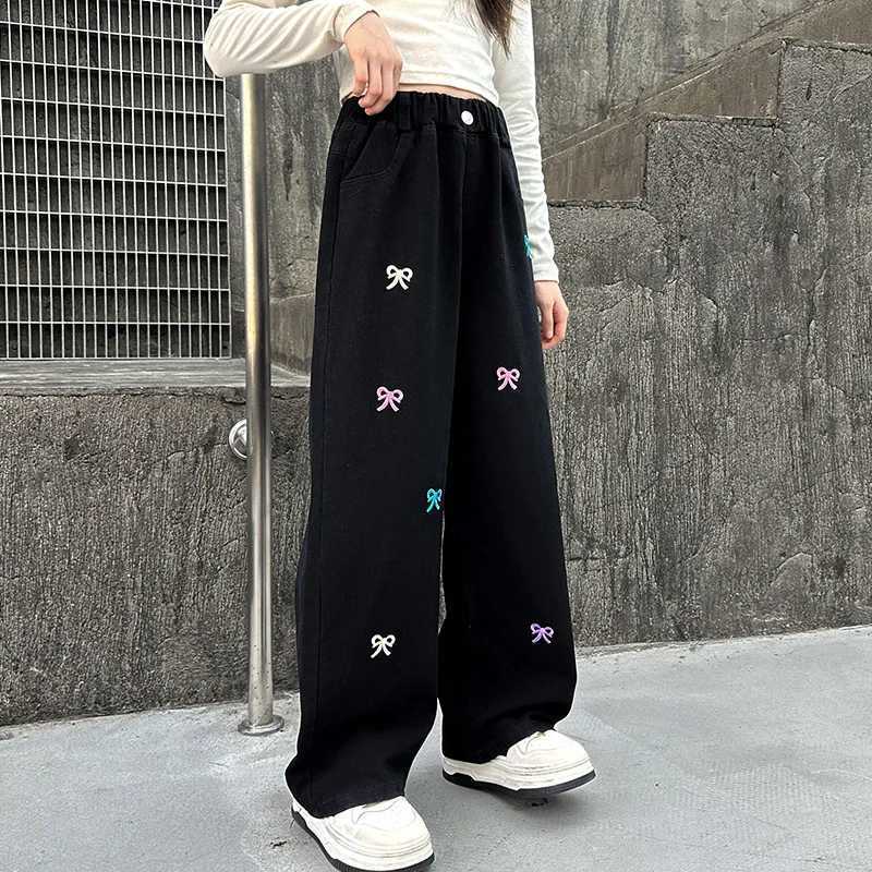 Girls jeans for spring and autumn Korean casual bow embroidered denim pants fashionable elastic waist tight pants new arrivals in clothingT250326