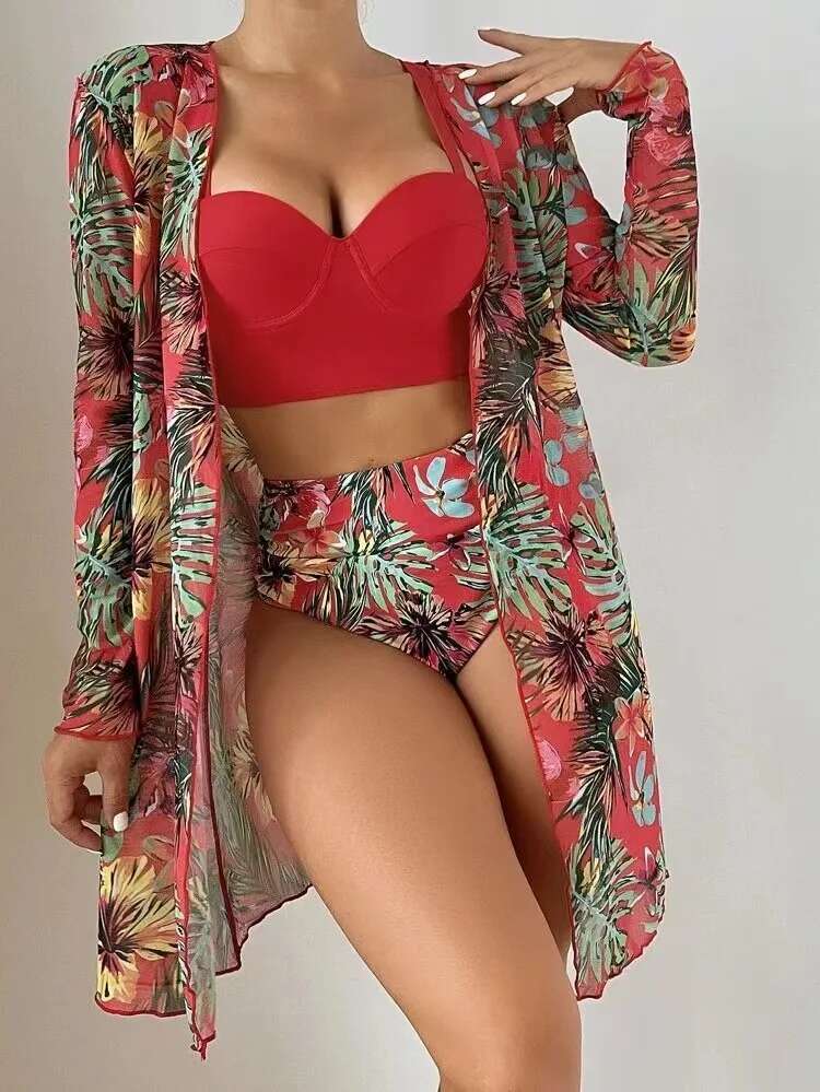 New Bikini Mesh Three Pieces Set Fringed Sexy Slit Printed Swimwear