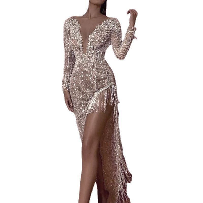 Women's Clothing Tassels Sequins Waist Hing Deep V Long Sleeves And Side Slits Sexy Asymmetrical Dress
