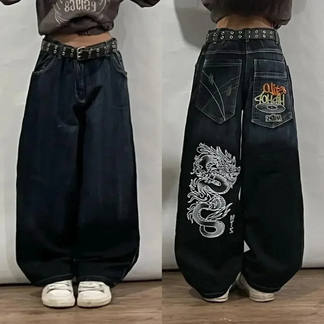 Street Y2K Fashion Punk Pattern Print Straight Jeans Women Harajuku Casual Loose High Waist Slim Wide-leg Pants Couple Jeans 250319