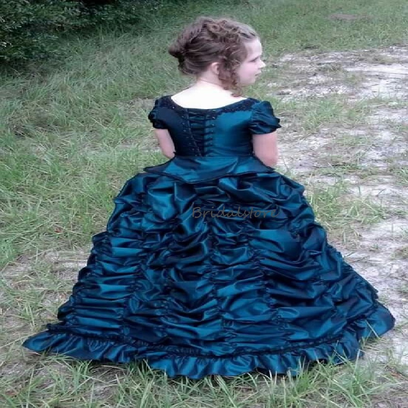 Victorian Baroque Style Navy Flower Girls Dress Children Bustle Reenactment Cosplay Birthday Dress Renaissance Party Princess Mariachi Mini Quinceaner
