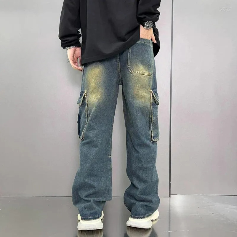 2025 S Fashion Designer Men S Jeans Hip Design Dark Grey Cargo Pants For Men Loosen Fit Wide Leg Spliced Denim Trousers