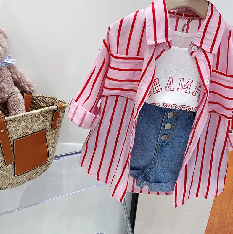summer childrens and girls striped long sleeved shirtletter vestjeans denim shorts 3piece clothing set 250319