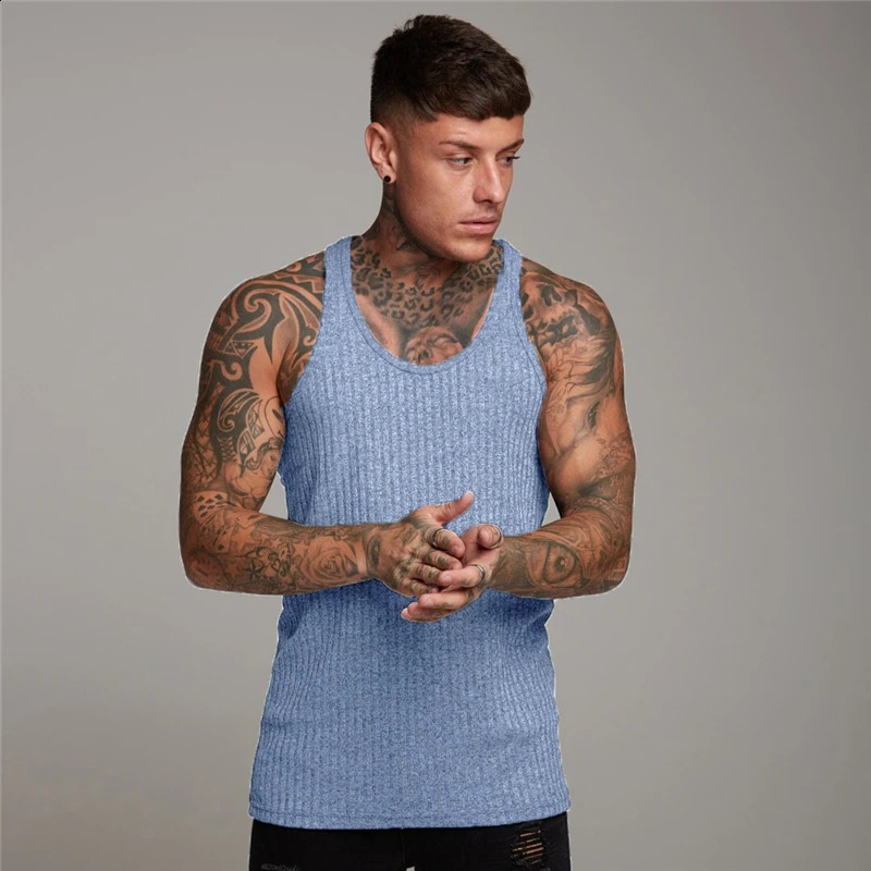 Pit striped knitted Y back fitness vest top mens bodybuilding pendant single sleeve slim fit muscle sleeveless sports shirt 250319