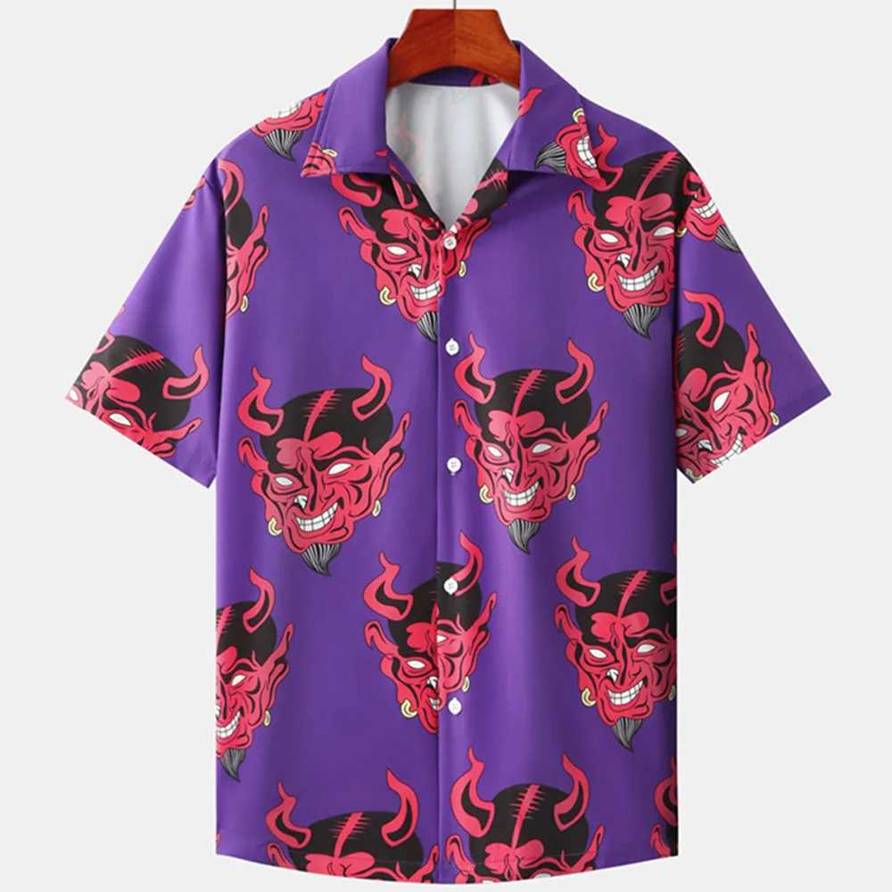 Hawaiian mens Cuban collar devil print mens street clothing summer new short sleeved top mens trendy clothing M250320